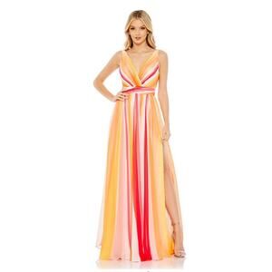 Mac Duggal NEW Size 12 68151 Striped V-Neck Pink Multi Sleeveless Chiffon Gown